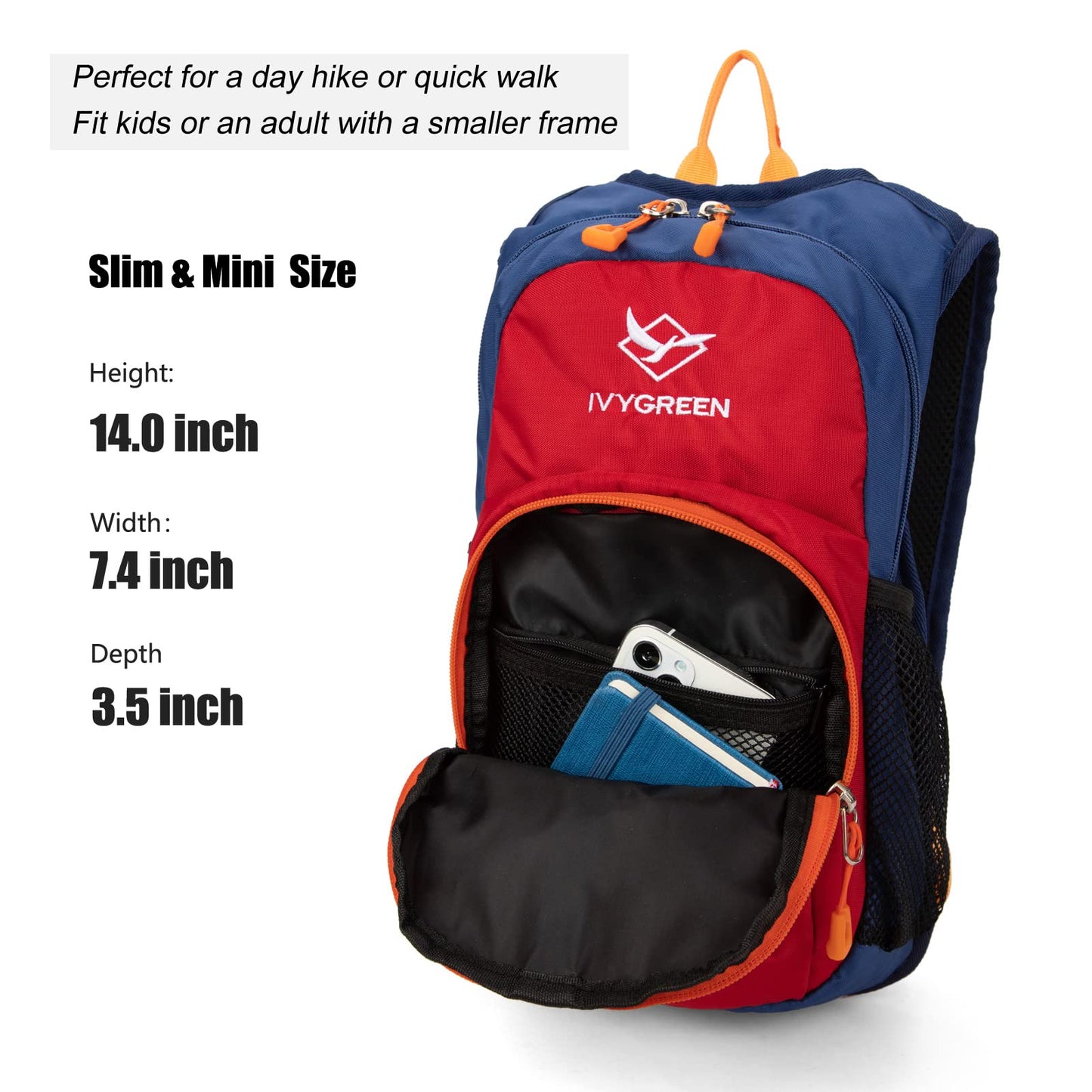 Ivygreen Kids Hydration Backpack, Hiking Backpack for Boys or Girls with 1.5L Water Bladder, Red