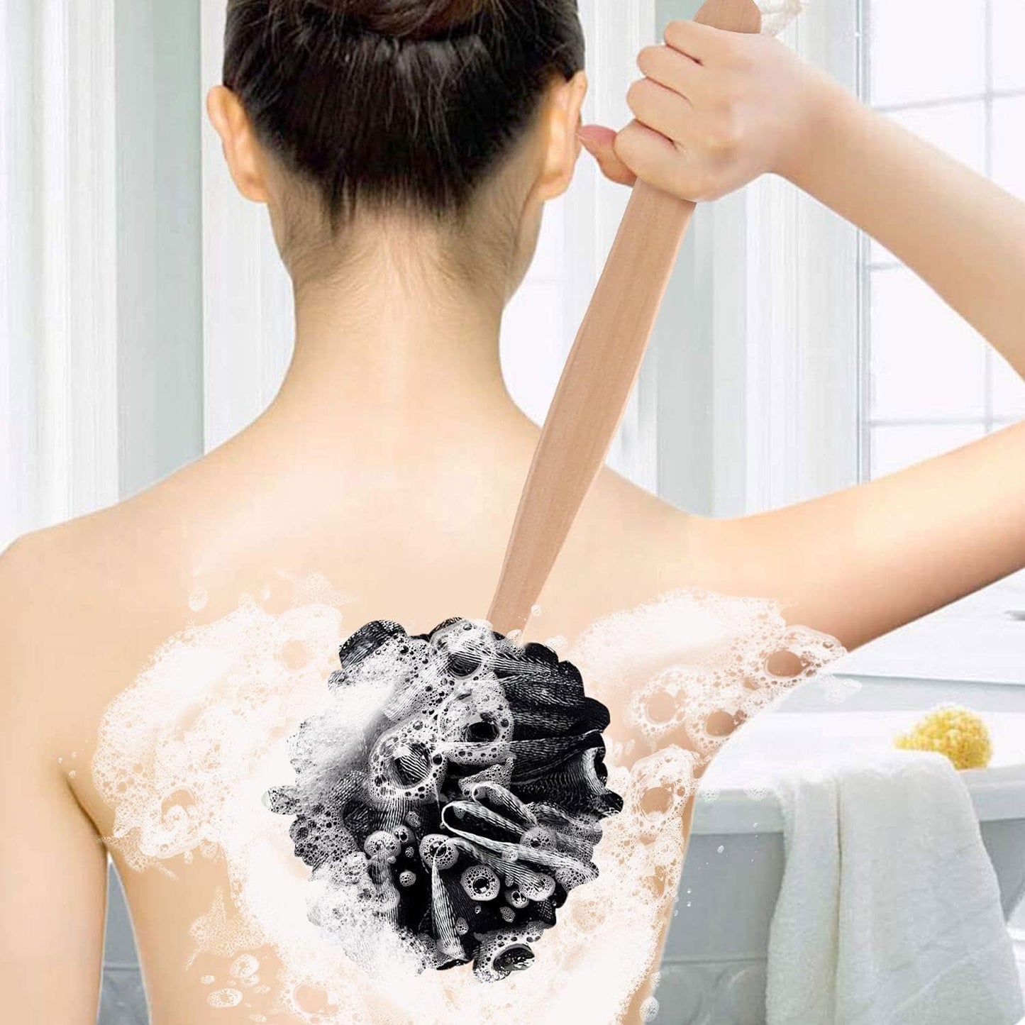 Loofah with Handle, Loofah on a Stick, Shower Sponge with Handle, Bath Brush, Shower Brush for Body, Back Scrubber for Shower, PE Soft Mesh Luffa for Men and Women