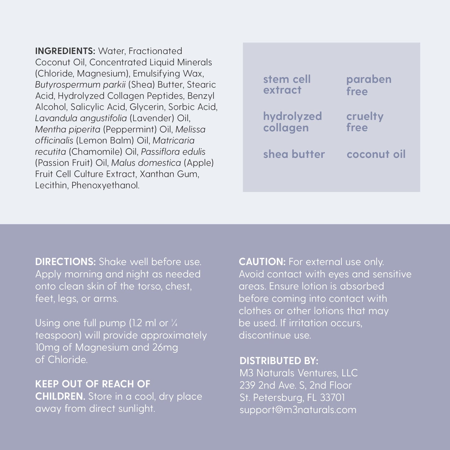 M3 Naturals Lavender & Chamomile Magnesium Lotion for Sleep, Relaxing Nightime Cream for Leg Cramps, Sore Feet and Joints | With Moisturizing Shea Butter, Coconut Oil, Collagen, Stem Cells, 8 fl oz