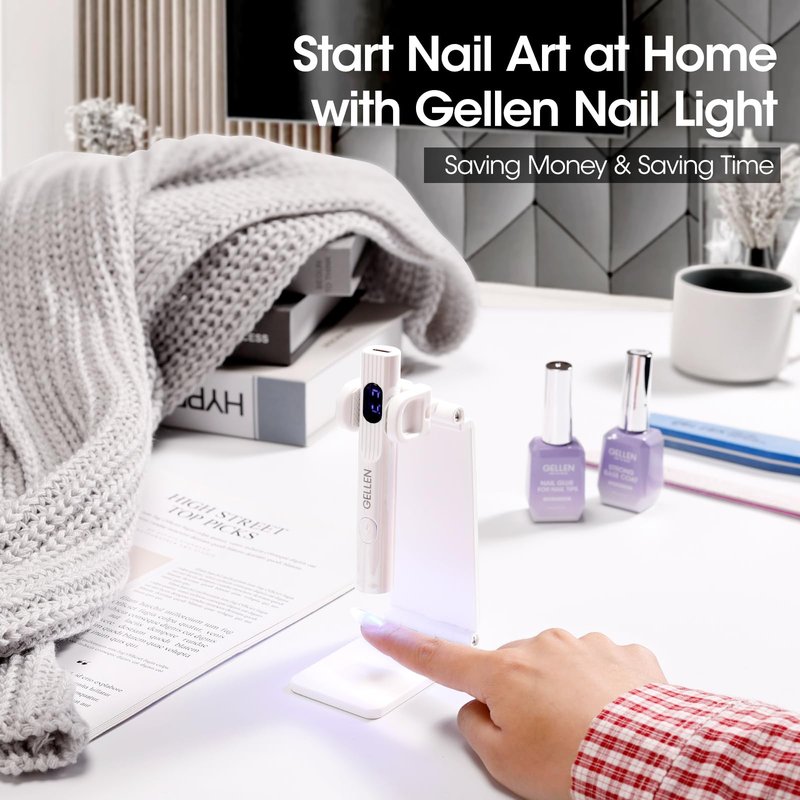 Gellen Portable Mini UV Light for Gel Nails, Handheld UV Nail Lamp with Base, 3 Timer Settings, LCD Display, Fingernails Curing Nail U V Light