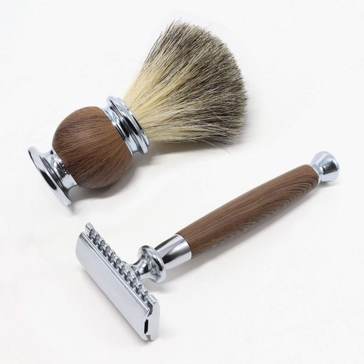 Jolitac Wet Shaving Kit For Men - Badger Hair Shaving Brush, Shaving Stand, Stainless Steel Shaving Bowl Mug, Double Edge Safety Razor, Men's Safety Razor Grooming Gift Set (Wood)