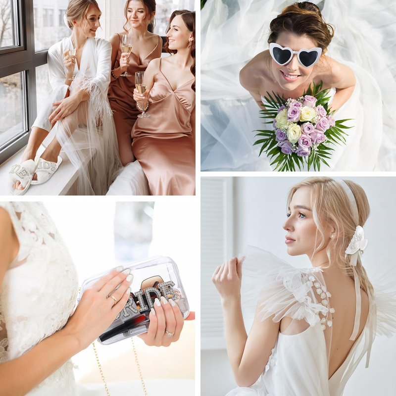 Blosssound 5 Pcs Bride Gifts Set Include Bride Bag Cosmetic Bag Sunglasses Slippers Hair Clip for Bridal Shower Engagement Weddings Bachelorette Party