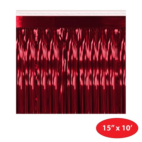 Beistle 15" x 10' Red Metallic Plastic Fringed Drape Hanging Curtain For Birthday Party Decoration, Parade Floats, Awards Night Celebrations