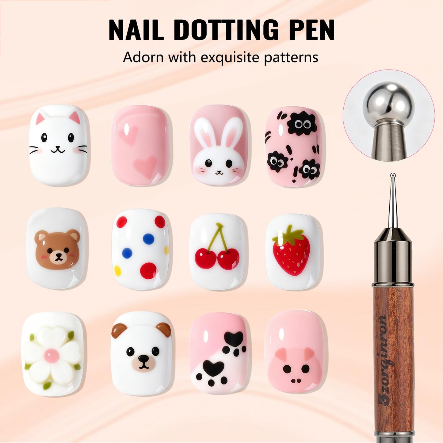Kolinsky French Tip Nail Art Brush, Clean Up Brush for Gel Nail Polish, Wooden Handle with Dotting Tool