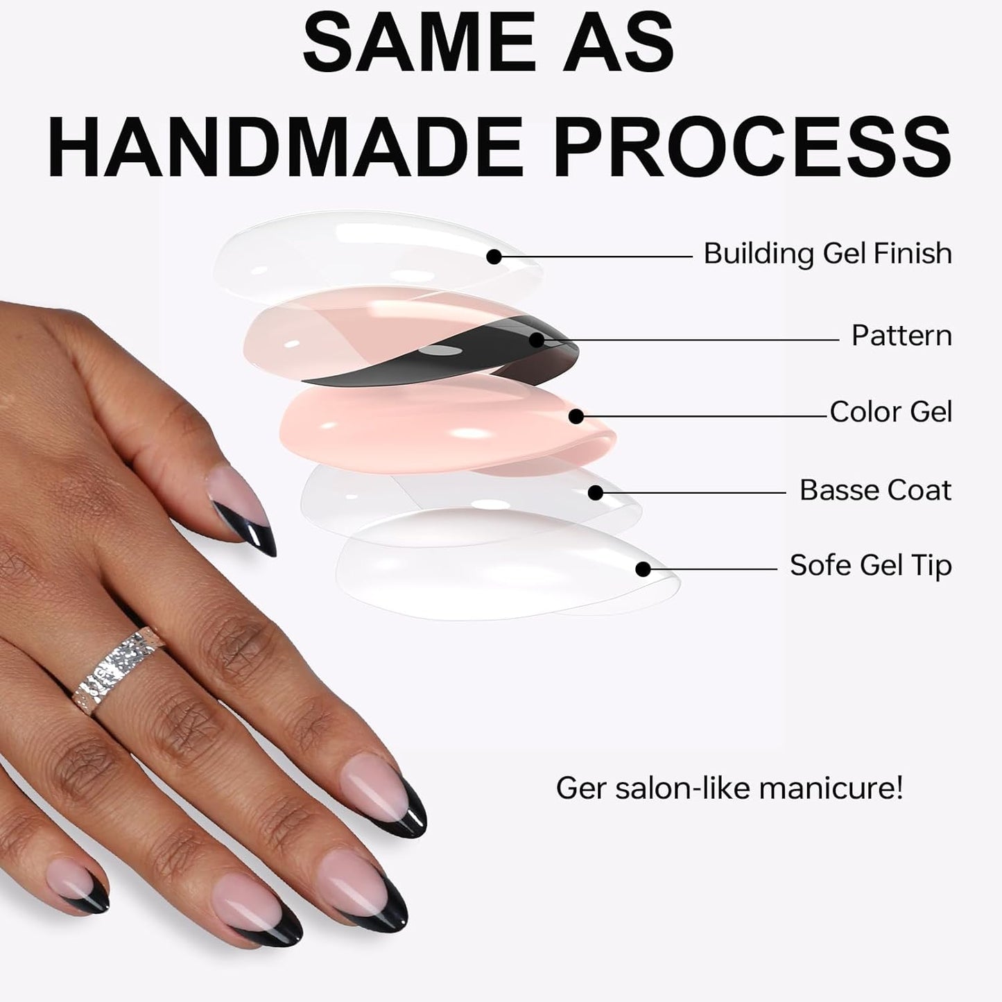 French Almond Gel Press On Nails Short 16 Sizes Fake Nails Glossy 32pcs, Nail Glue Included