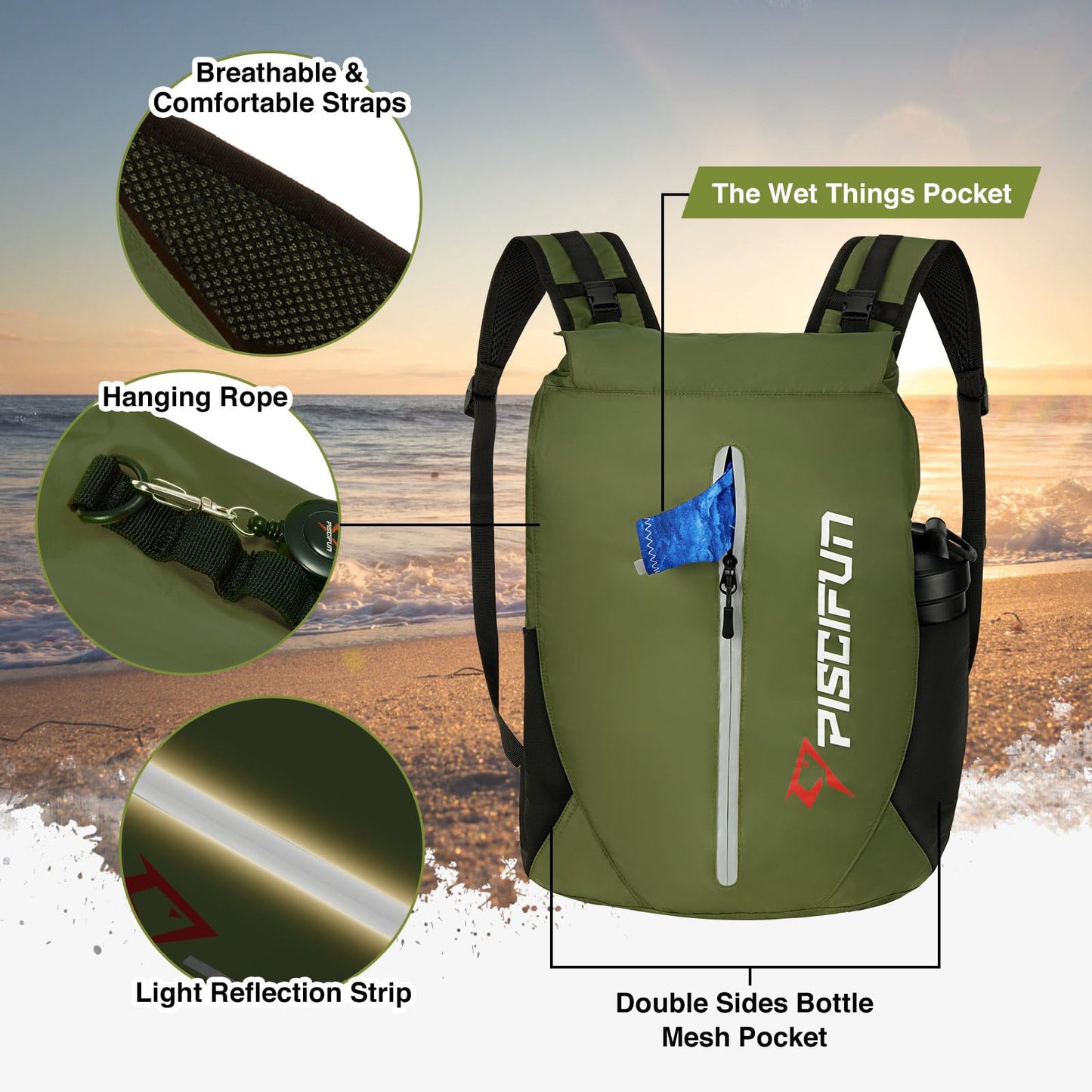Piscifun Dry Bag Waterproof, Floating Dry Backpack, Lightweight Waterproof Dry Bag with Waist Pouch and Phone Case for Kayaking, Camping, Beach, Boating & Swimming for Men & Women Army Green 30L