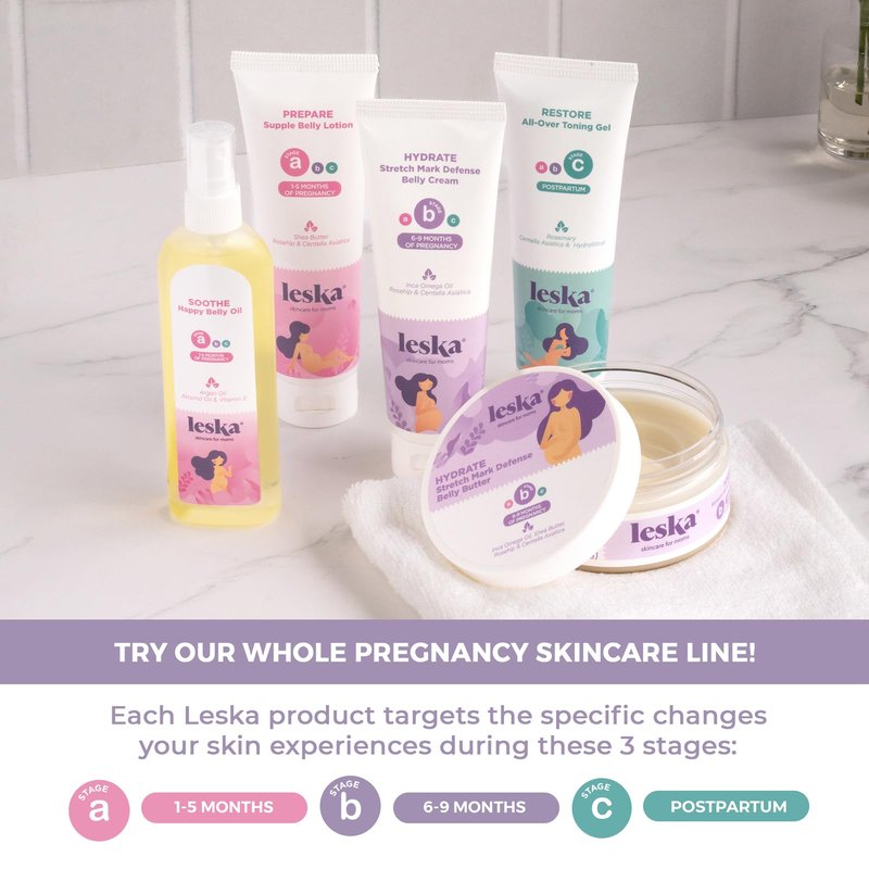Leska Maternity Stages B & C Set | HYDRATE Belly Cream & RESTORE All-Over Toning Gel | Pregnant Moms Months 6-9 and Postpartum | Part of Complete 3-Part Maternity Skincare System (Set of 2, 4oz each)