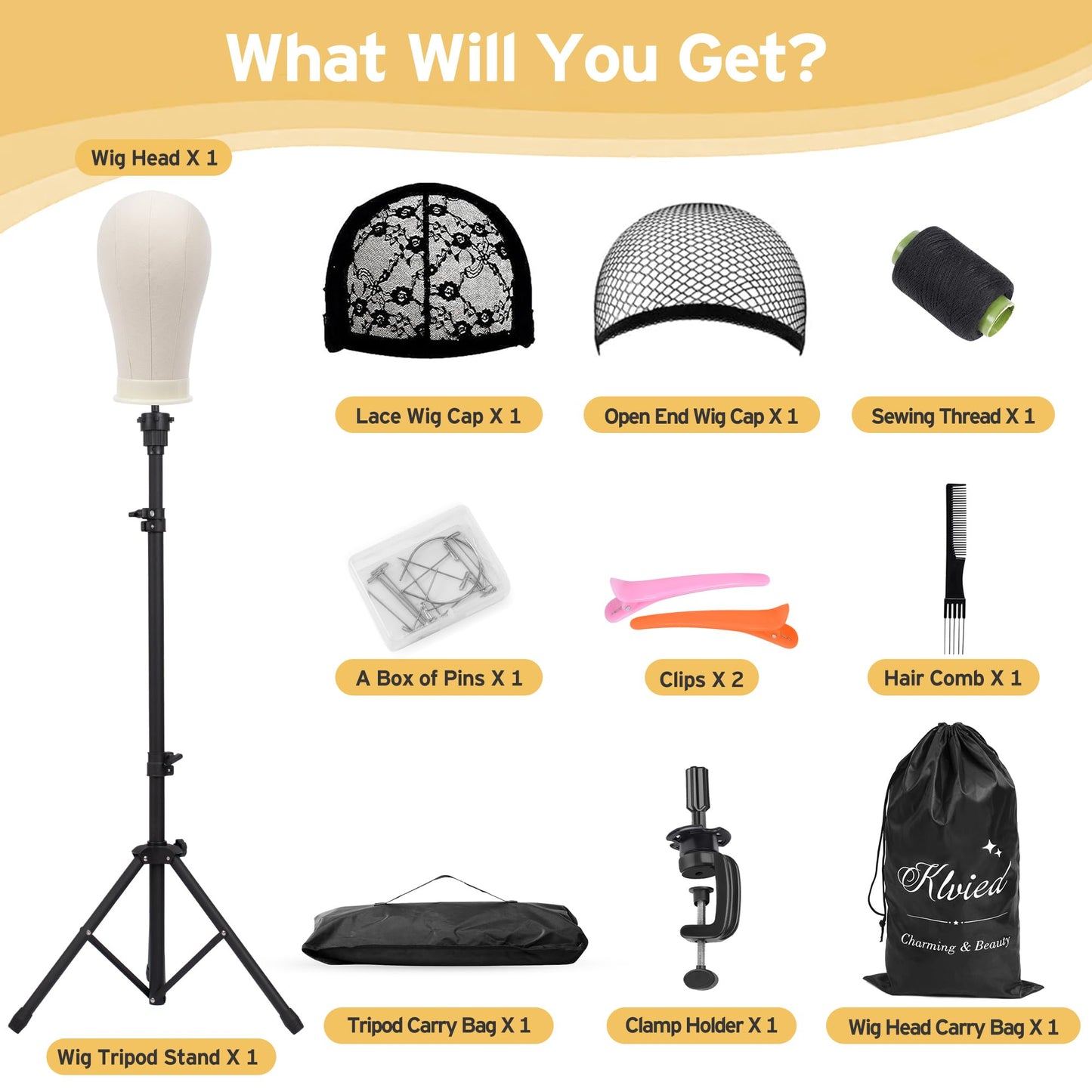 Klvied Wig Stand with 22 Inch Canvas Wig Head, Adjustable 34.64-51.48 Inch Tripod and Table Clamp Set for Wig Display, Basic Styling and Cosmetology Practice, with Carrying Bag