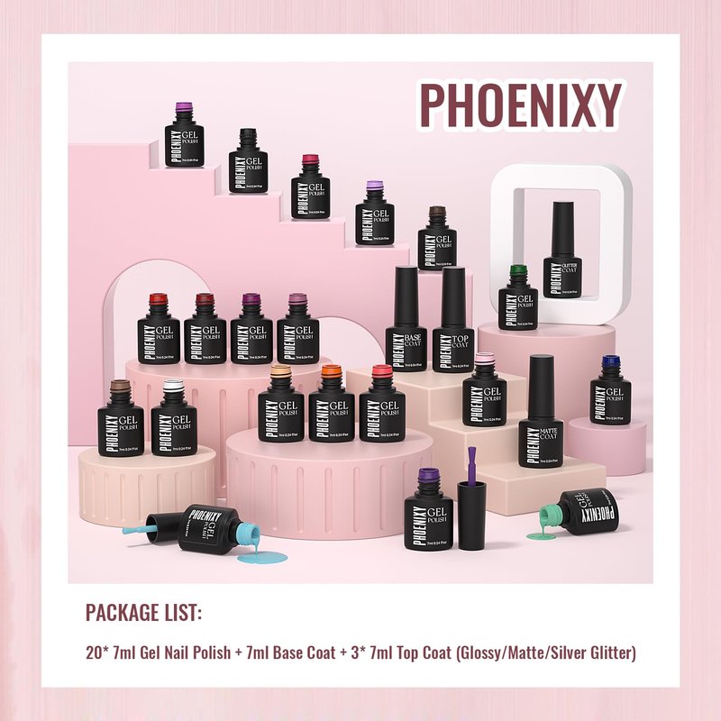 phoenixy 24Pcs Gel Nail Polish Set, 20 Colors Purple Red Burgundy Brown Dark Gel Polish with Base & Glossy, Matte, Glitter Top Coat Soak off Gel Polish Kit Gifts for Women Girls Nail Salon at Home