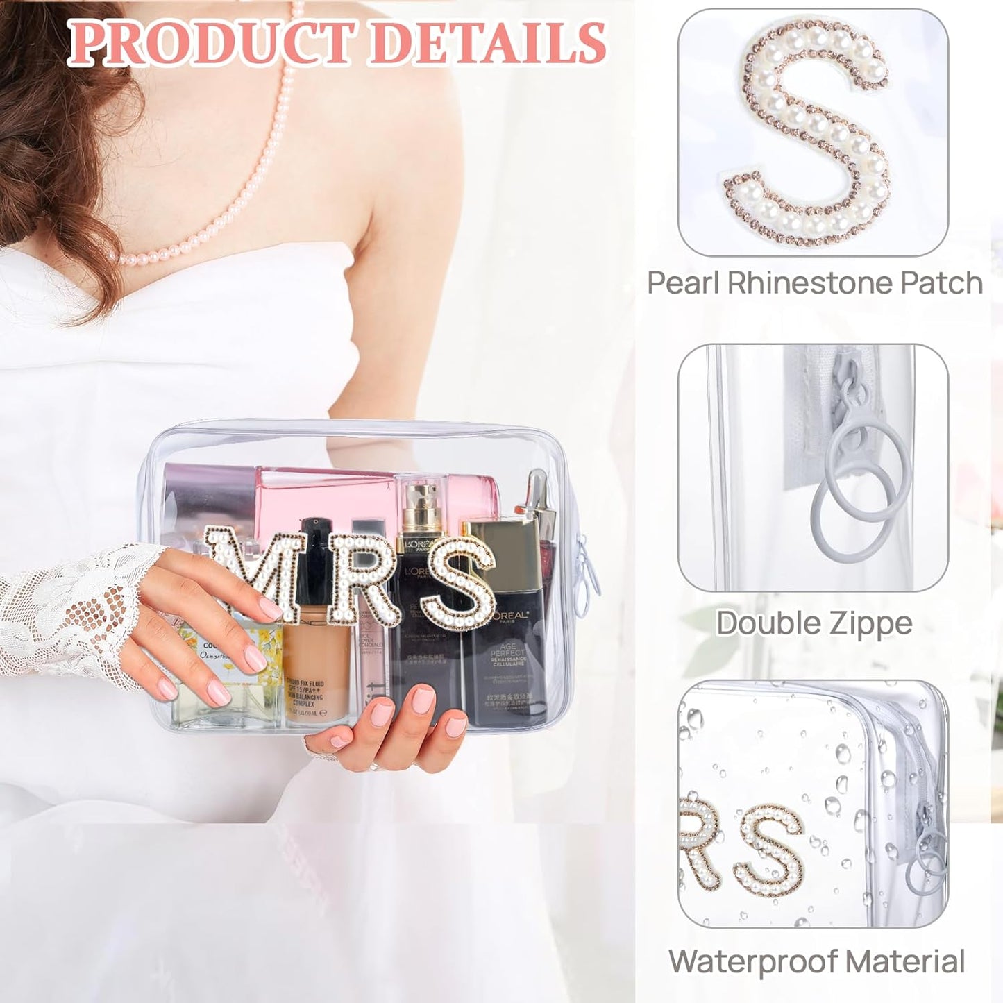 Etercycle Bride Clear Makeup Bag, Bridal Shower Gifts Engagement Cosmetic Bag, Bling Pearl Rhinestone Letter Patches Waterproof PVC Travel Organizer for Women Wedding Bachelorette Party (Gold)