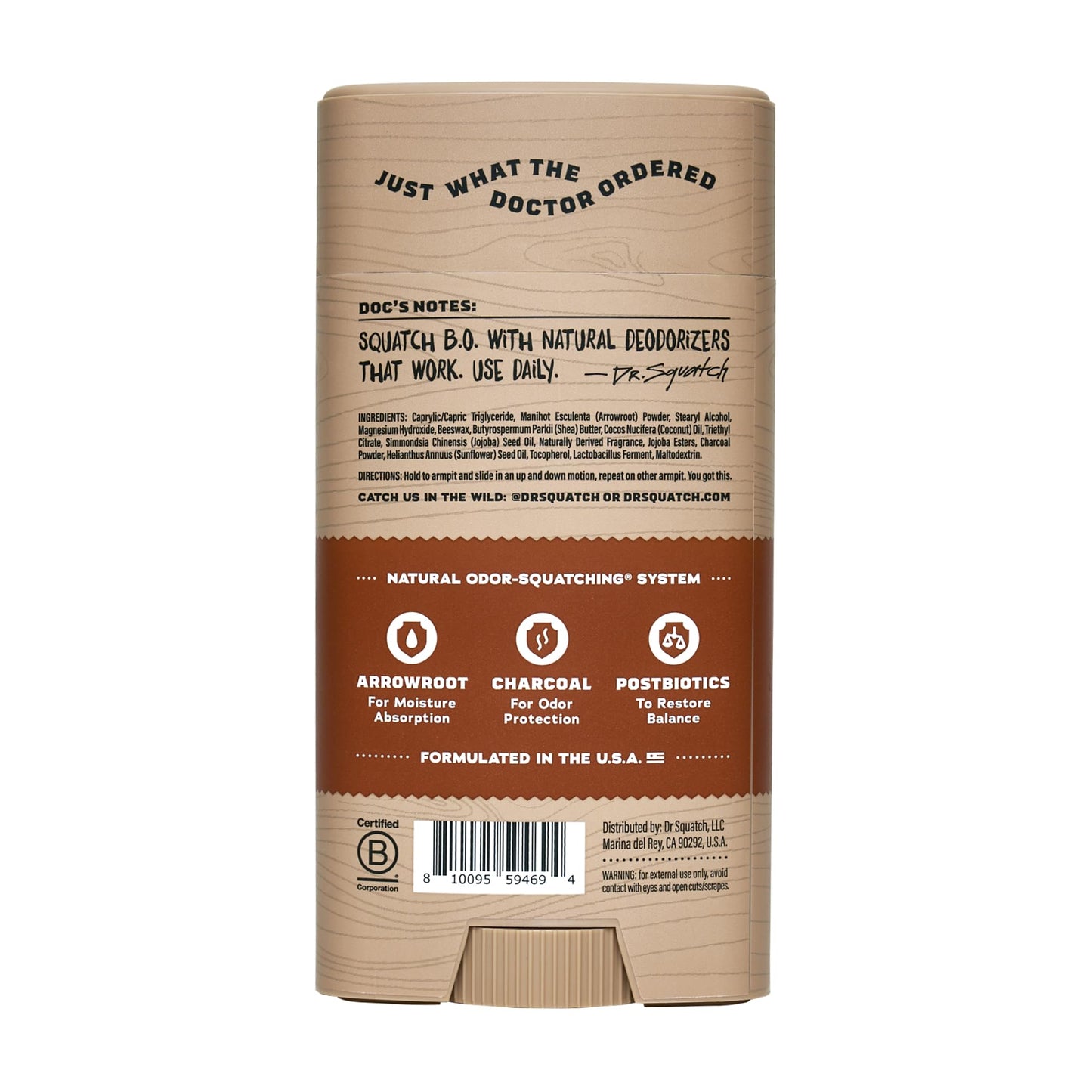Dr. Squatch Natural Men’s Deodorant – Aluminum Free Natural Deodorant Men with Charcoal & Postbiotics for 72-Hour Odor Protection – Wood Barrel Bourbon, 2.65oz Stick