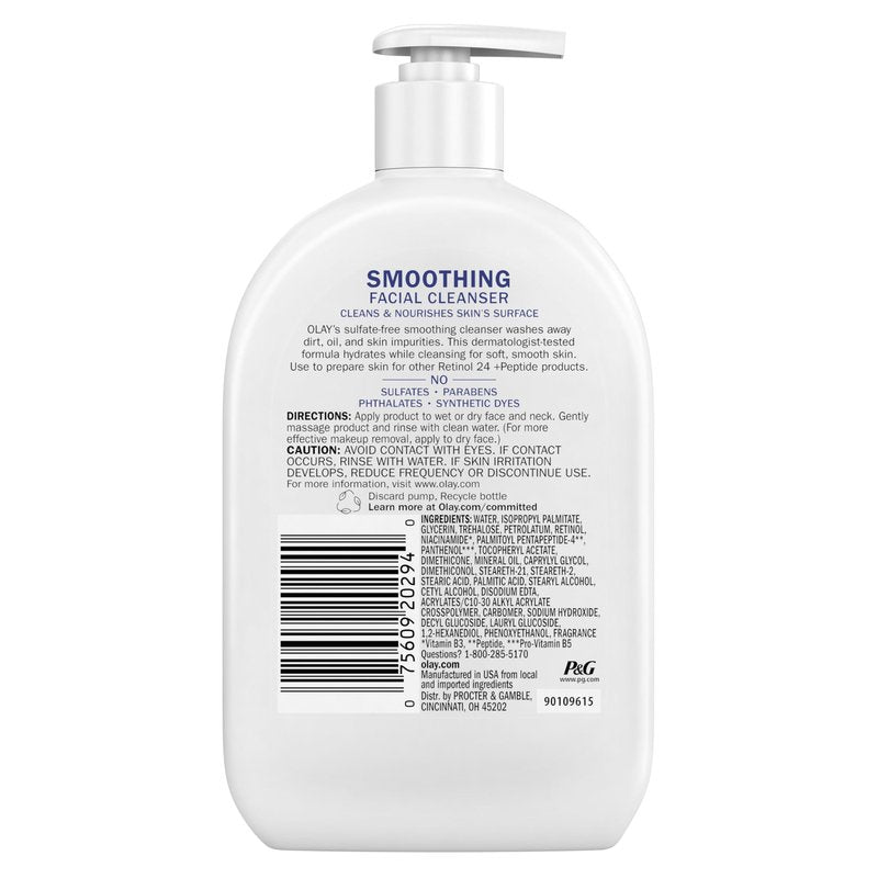 Olay Face Wash Daily Facial Cleanser with Retinol, Peptides and Glycerin, Smoothing and Hydrating Anti Aging Face Wash, Sulfate Free Cream Cleanser for Mature Skin, Daily Use, 16 Oz