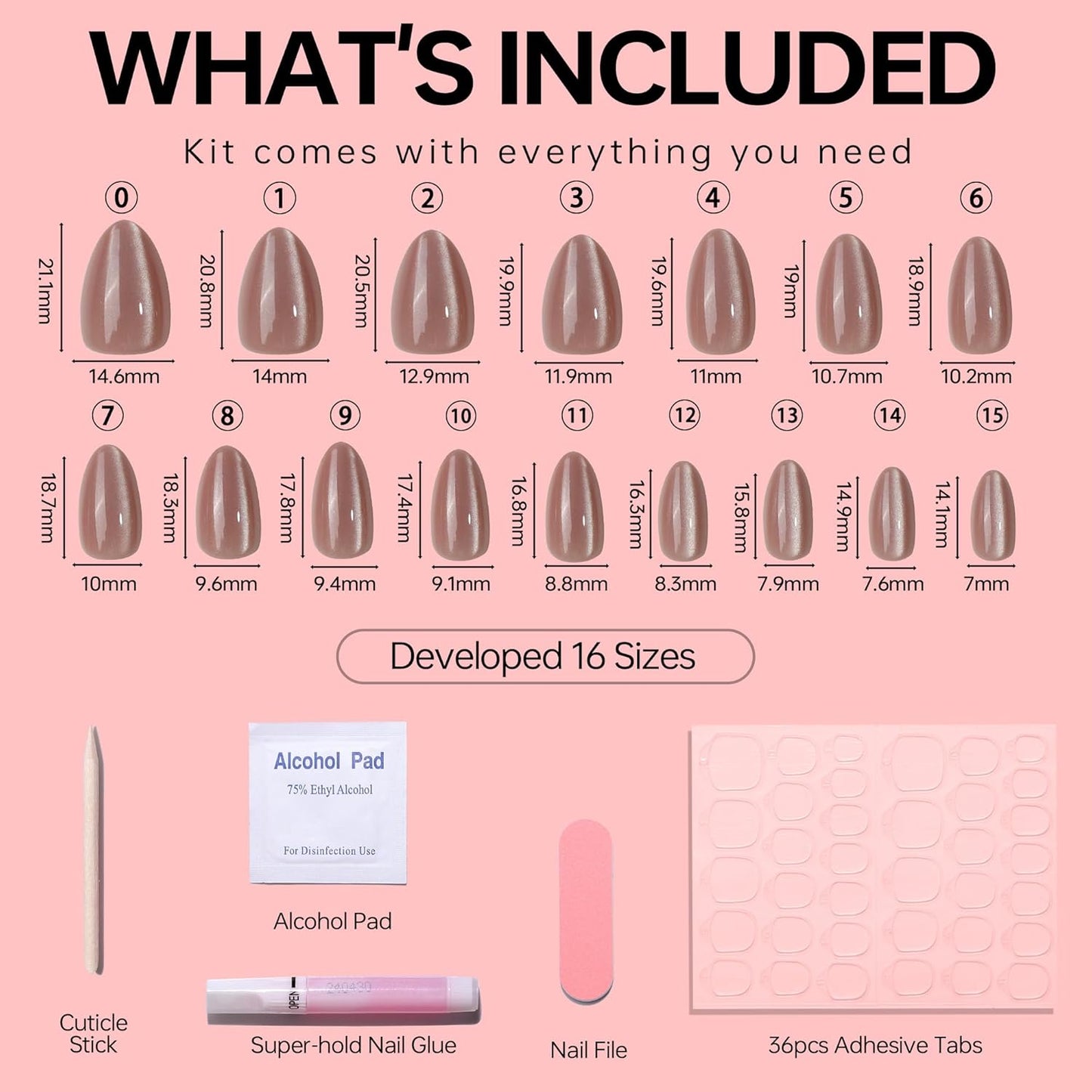 French Almond Gel Press On Nails Short 16 Sizes Fake Nails Glossy 32pcs, Nail Glue Included