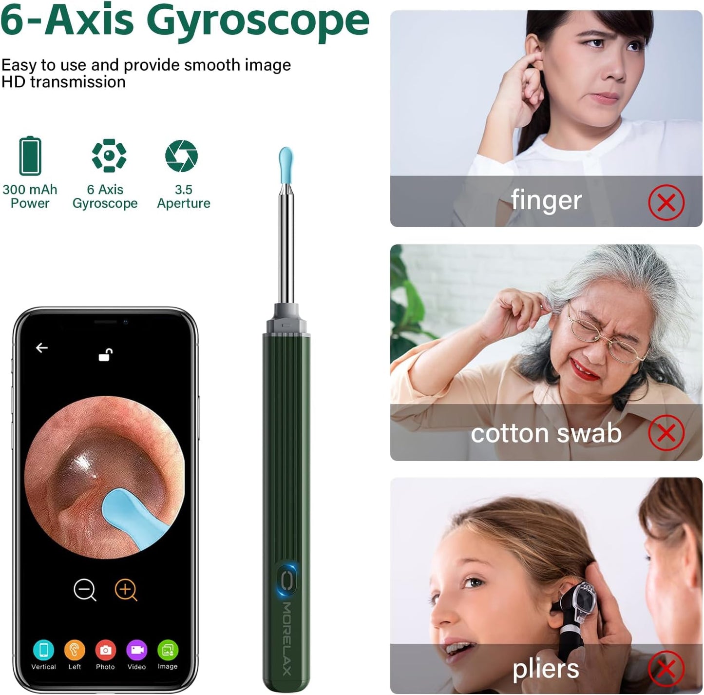 Ear Wax Removal Tool with 8 Pcs Ear Set - Ear Canal Cleaner with 1080P Camera - Ear Cleaning Kit with 6 Ear Scoops - Ear Wax Cleaner with Camera-Otoscope Ear Pick for iOS & Android Turquoise