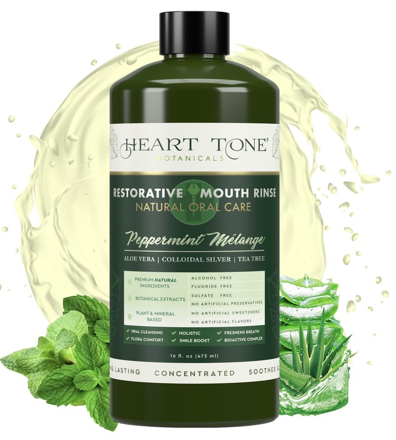 Heart Tone Botanicals Colloidal Silver Mouthwash | Nano Silver Alcohol-Free Mouth Rinse | Aloe Vera, Zinc, MSM & 18 Botanical CO2 Extracts | pH Balanced | Fluoride Free | Peppermint