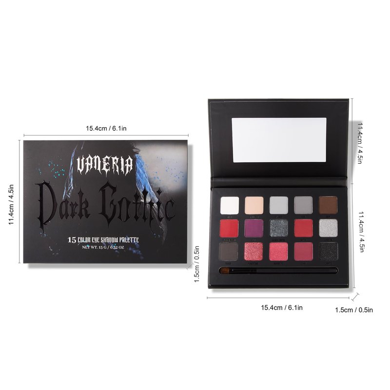 VANERIA Black Smoky Eyeshadow Palette,15 Colors Goth Makeup,Silver Grey Eyeshadow,High Pigment,Long Wear,Cool Toned Eyeshadow Palette,Waterproof,Intense Color(Gothic Black)