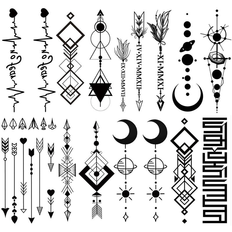 Oottati 8 Sheets Geometric Temporary Tattoos for Adults Men Women, Tribal Arrow Feather Moon Fake Tattoo Stickers, Waterproof Long Lasting Body Art for Arm Wrist