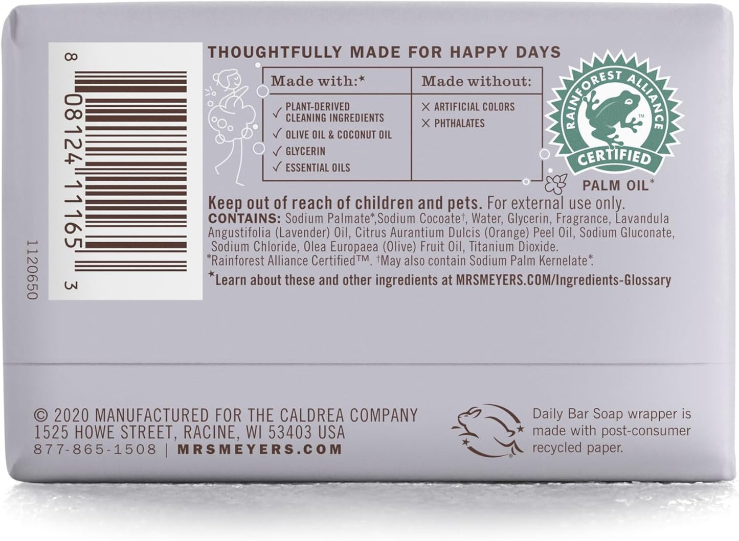 MRS. MEYER'S CLEAN DAY Bar Soap, Use as Body Wash or Hand Soap, Made with Essential Oils, Rain Water, 5.3 oz, 1 Bar