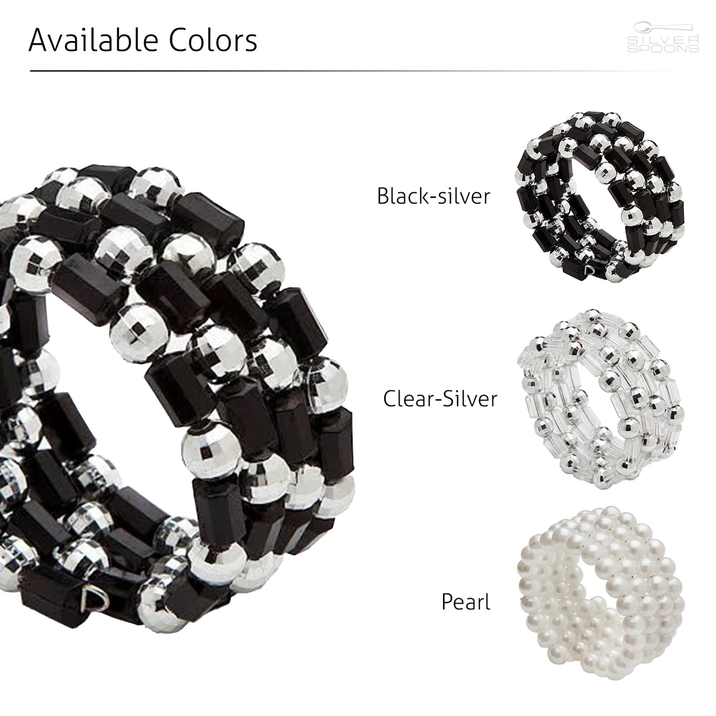 Silver Spoons Elegant Beaded Napkin Rings Set of 6, Napkin Holders for Tablesetting, Great for Parties, Weddings, Engagements, Baby Showers, Holiday, Christmas, Upscale Events, Dinners & Celebrations - Black/Silver