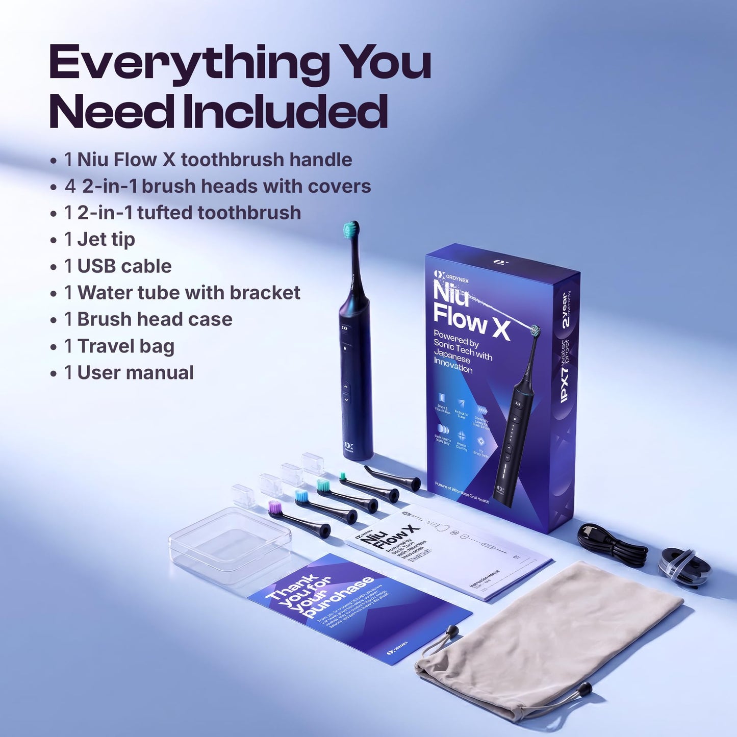 Electric Toothbrush with Water Flosser Combo 2 in 1, Dual Motor Sonic Flossing Toothbrush for Adults, Professional Cordless Rechargeable Oral Care Kit for Braces & Travel | Black