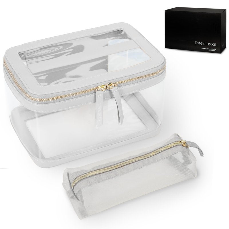 TotesLuxxe Portable Large Clear Transparent Cosmetic Toiletry Travel Organizer with Makeup Brush Bag Travel Toiletry Bag for Women Train Case