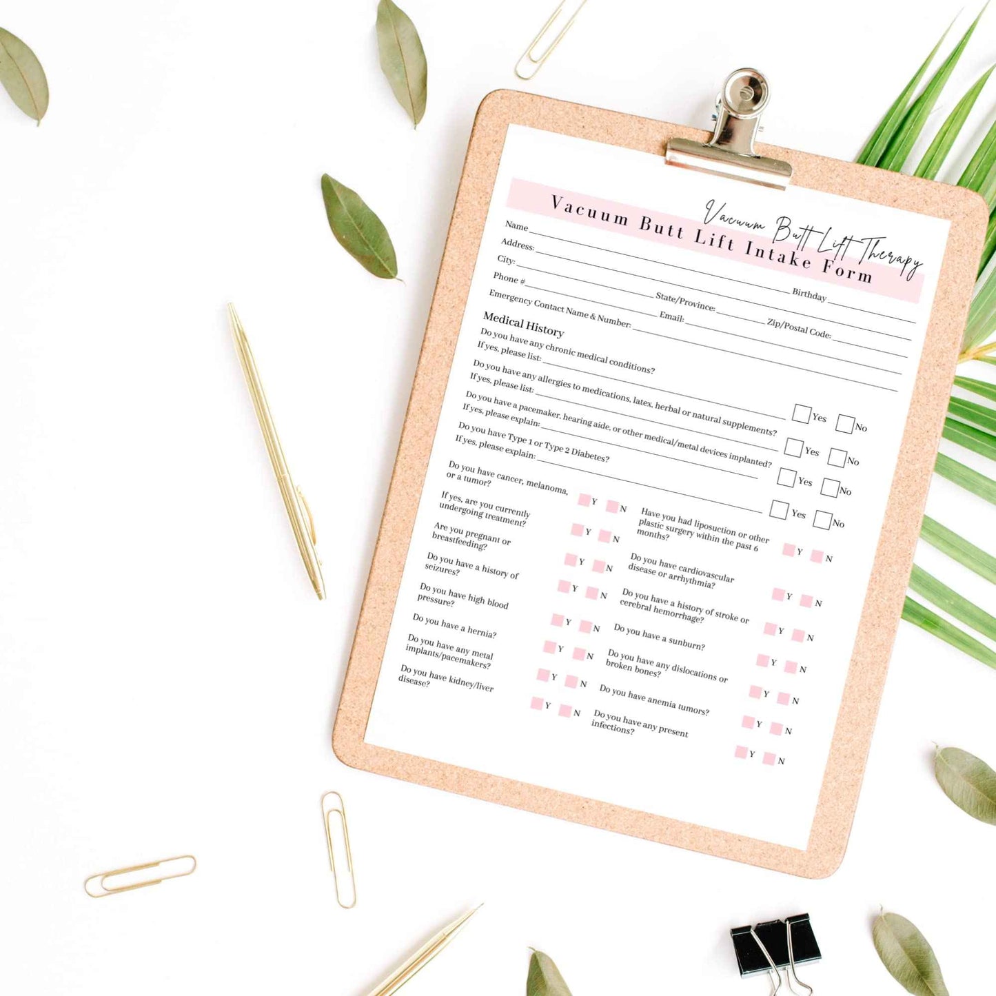 Vacuum Butt Lift Therapy Intake, Consent, and Aftercare Form | 75 Pack | 8.5x11" inch Paper Size Form | Eyelash Extension Supplies | Client Signature | Butt Lift Cupping | White and Pink Design