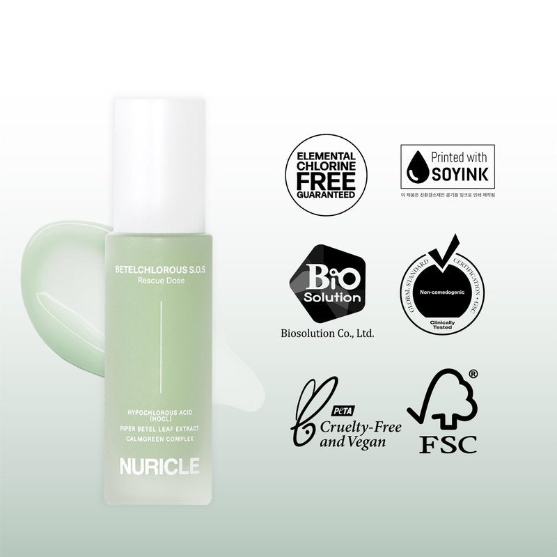 NURICLE Betelchlorous S.O.S Rescue Dose – Hypochlorous Acid Face Serum for Acne, Redness & Sensitive Skin, Soothing Korean Skincare Serum, 30ml (1.014 fl oz)