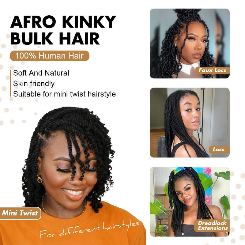 Vecago Afro Kinkys Bulk Human Hair, 4c Curly Hair for Permanent Sister Locs/Mini Twists/Braids/Repair Can Dye and Bleach(18 inch),Black