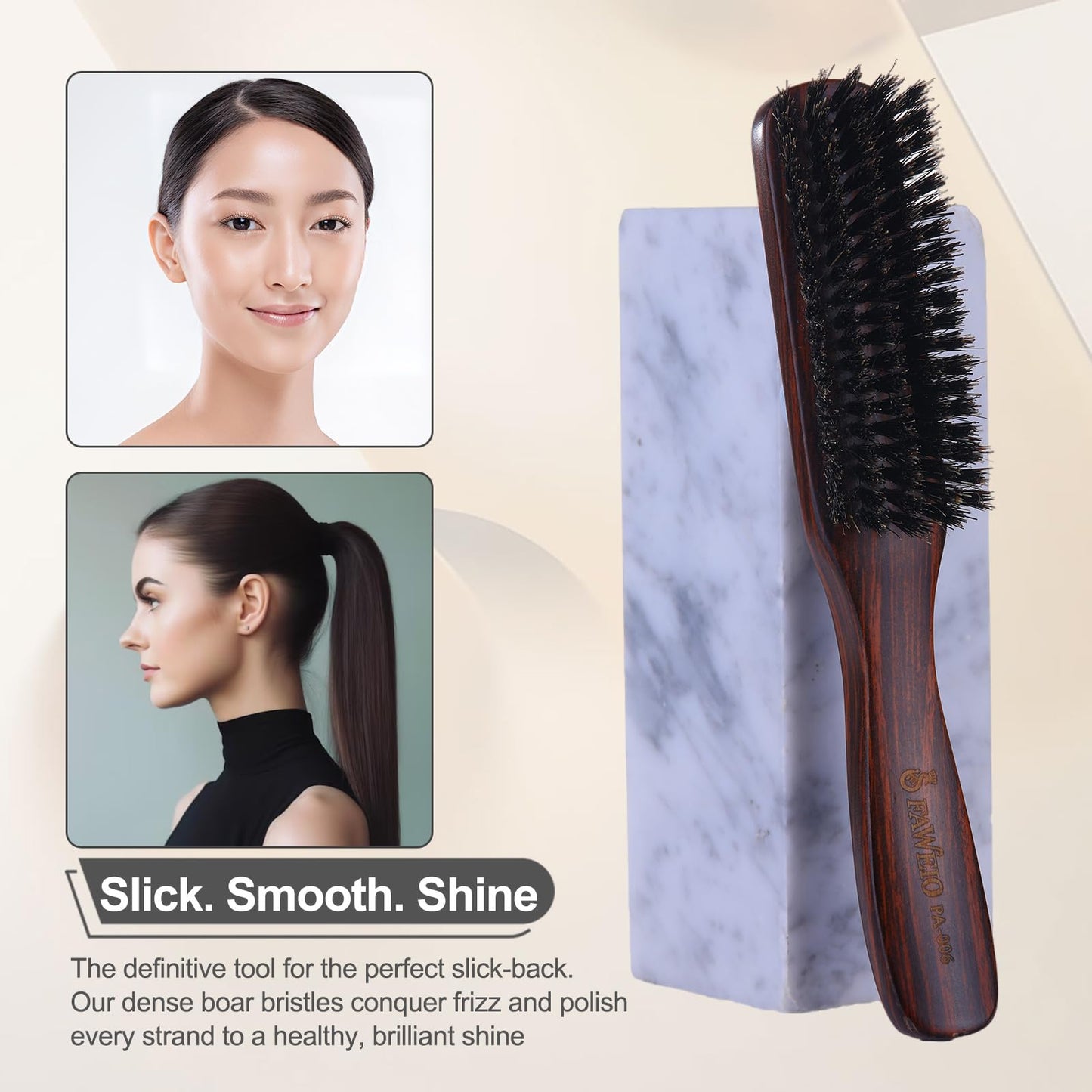 PERFEHAIR Slick Back Hair Brush for Women, Men | Natural Medium Boar Bristle Smoothing Hair Brush for Thin & Fine Hair | Achieve Sleek, Shine, Polished Styles & Tame Flyaways