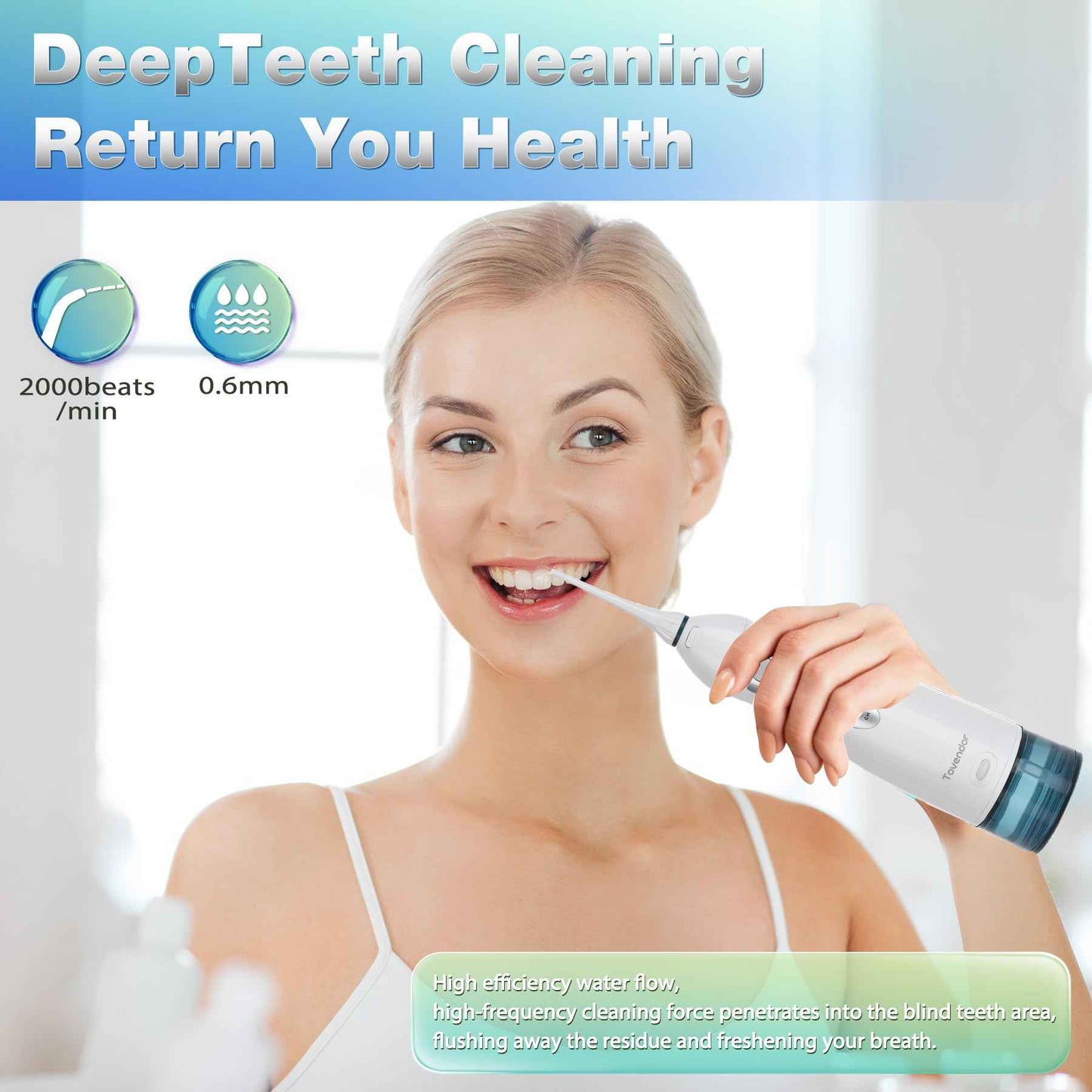 TOVENDOR Electric Water Flosser, Cordless Rechargeable Dental Oral Irrigator IPX7 Waterproof 300ML Travel Water Teeth Cleaner with 5 Tips for Braces Care Teeth Gums Cleaning, Home Office Daily Use