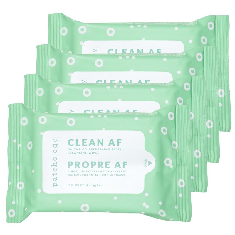 Patchology Clean AF Facial Cleansing Wipes - On-The-Go Refreshing Travel Size Face Wipes for Removing Dirt and Oil - Makeup Remover for Sensitive and Oily Skin (4 Packs/60 Count)