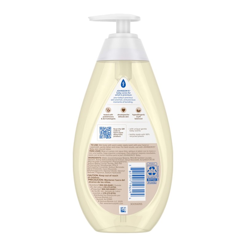 Johnson's Skin Nourishing Moisture Baby Wash, Vanilla & Oat Scents, Tear-Free, Hypoallergenic Baby Body Wash Cleanses, Protects from Dryness, & Leaves Skin Feeling Hydrated, 20.3 fl. oz