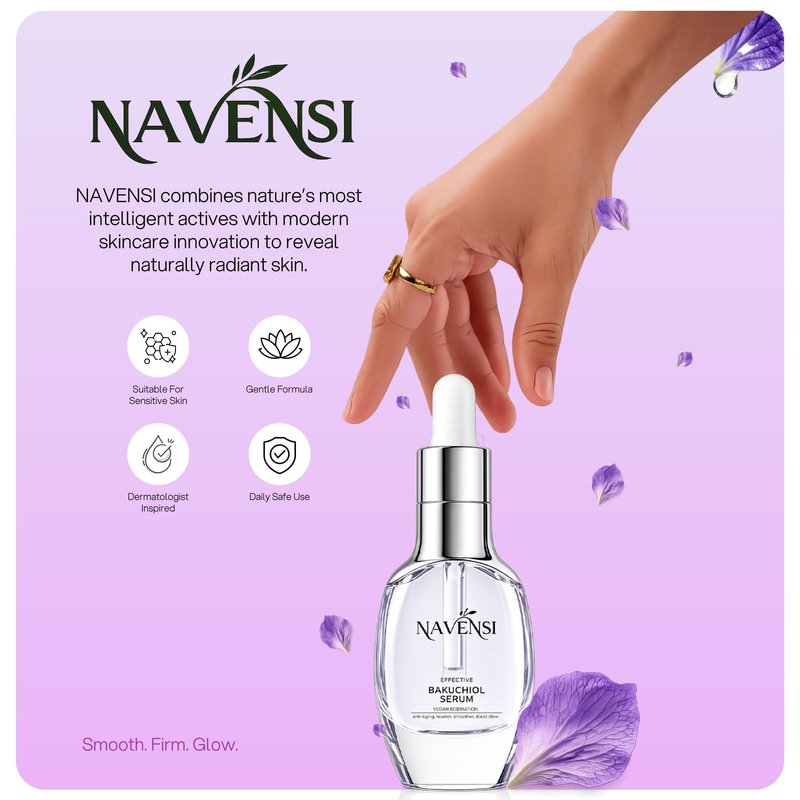 Navensi Bakuchiol Face Serum 50ml | Natural Retinol Alternative Bakuchiol Serum For Face With Hyaluronic Acid & Vitamin C | Hydrating, Firming & Anti Aging Serum for Wrinkles, Uneven Tone & Dull Skin