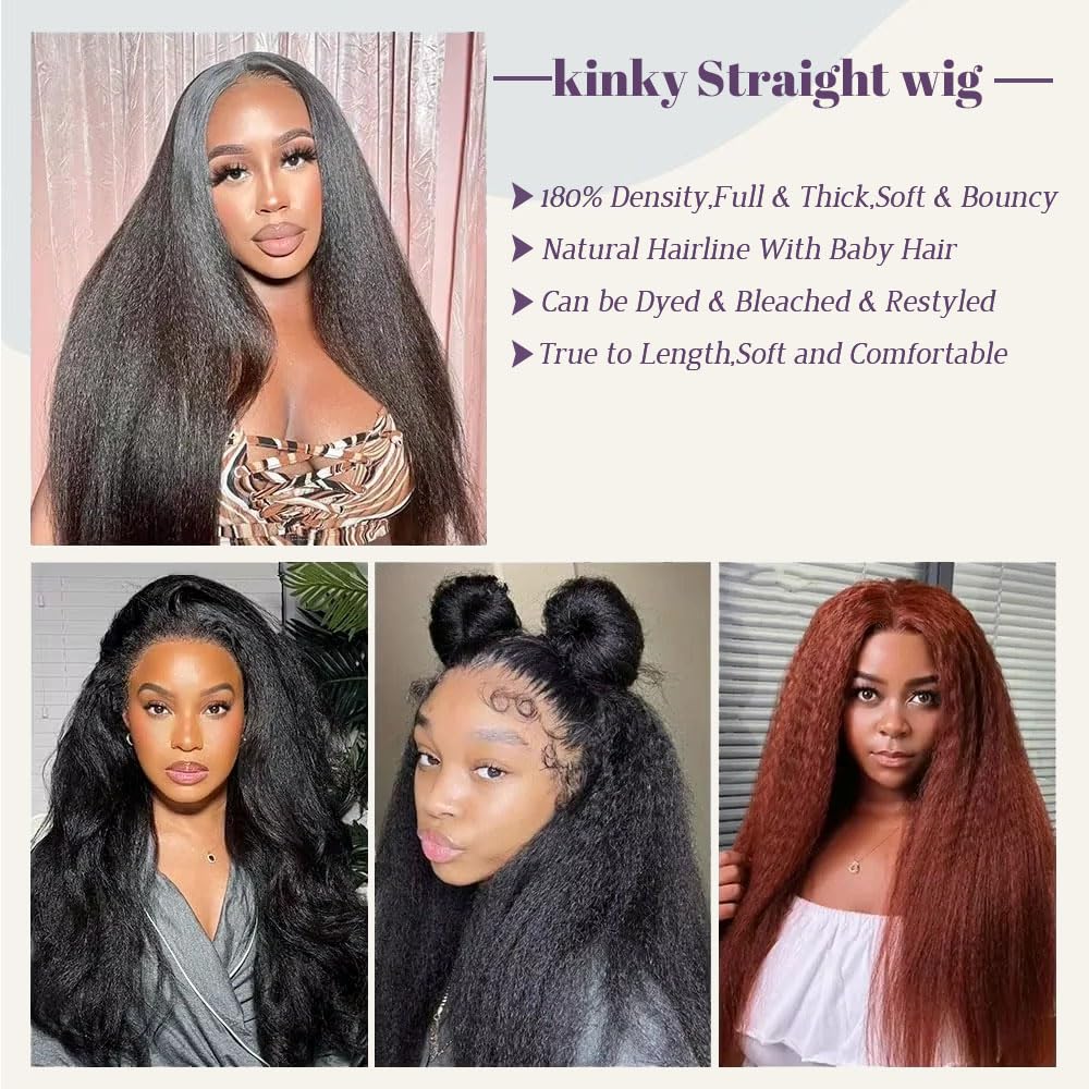 Emistar Afro Kinky Straight Lace Front Wigs Soft As Human Hair Pre Plucked With Baby Hair 180% Density Yaki Straight Transparent HD Lace Wig 200% Density Glueless Wigs for Black Women (13x6, 22 Inch)
