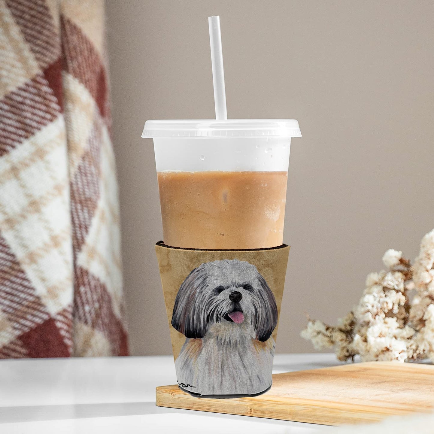 Caroline's Treasures SC9128RSC Shih Tzu Red Cup Hugger Cup Cooler Sleeve Hugger Machine Washable Drink Sleeve Hugger Collapsible Insulator Beverage Insulated Holder