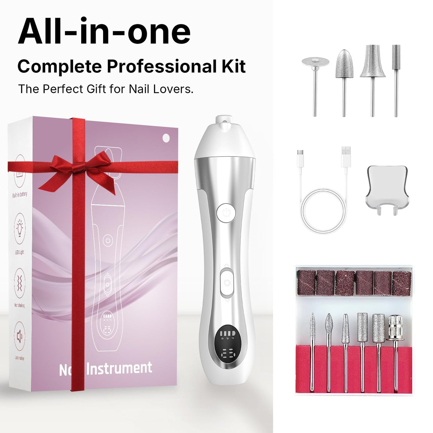 Nail Drill with LED Display ,Manicure Pedicure 10-Speed Cordless Electric Nails File,Rechargeable,10 in 1 Nail Drill Professional Ideal for Home, Beginners,Women