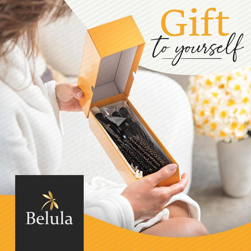 Boar Bristle Round Brush for Blow Out Set by Belula. Round Hair Brush For Blow Drying. Small 2” Wooden Barrel. Hairbrush Ideal to Add Volume and Body. Free 3 x Hair Clips & Travel Bag