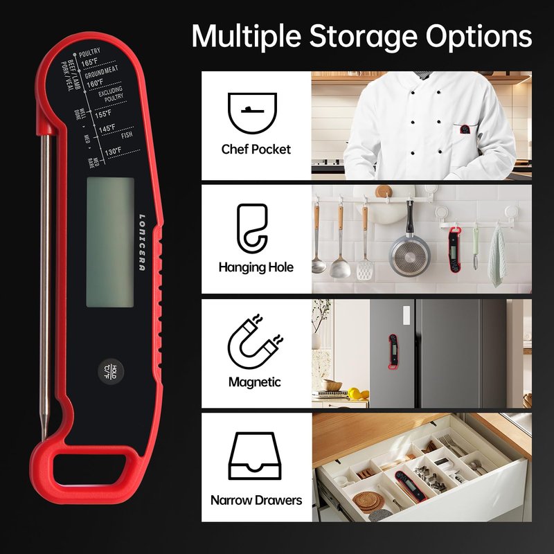 Lonicera Digital Meat Thermometer for Food Cooking. Instant Read Within 1 Sec and ±0.9℉Accuracy with Thermocouple Sensor. IP67 Waterproof, Auto-Rotating Display, Auto Wake up (Red)
