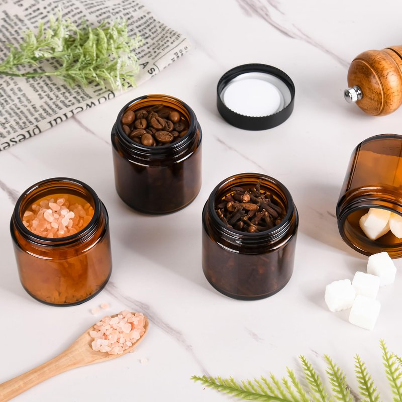 Glass Jars with Lids,Eco-Friendly Cosmetic Containers with Airtight Black Lids & Liners, Multi-Color Options for Cream, Lotion, Body Butter, DIY Skincare Travel Jars (Amber, 4oz)