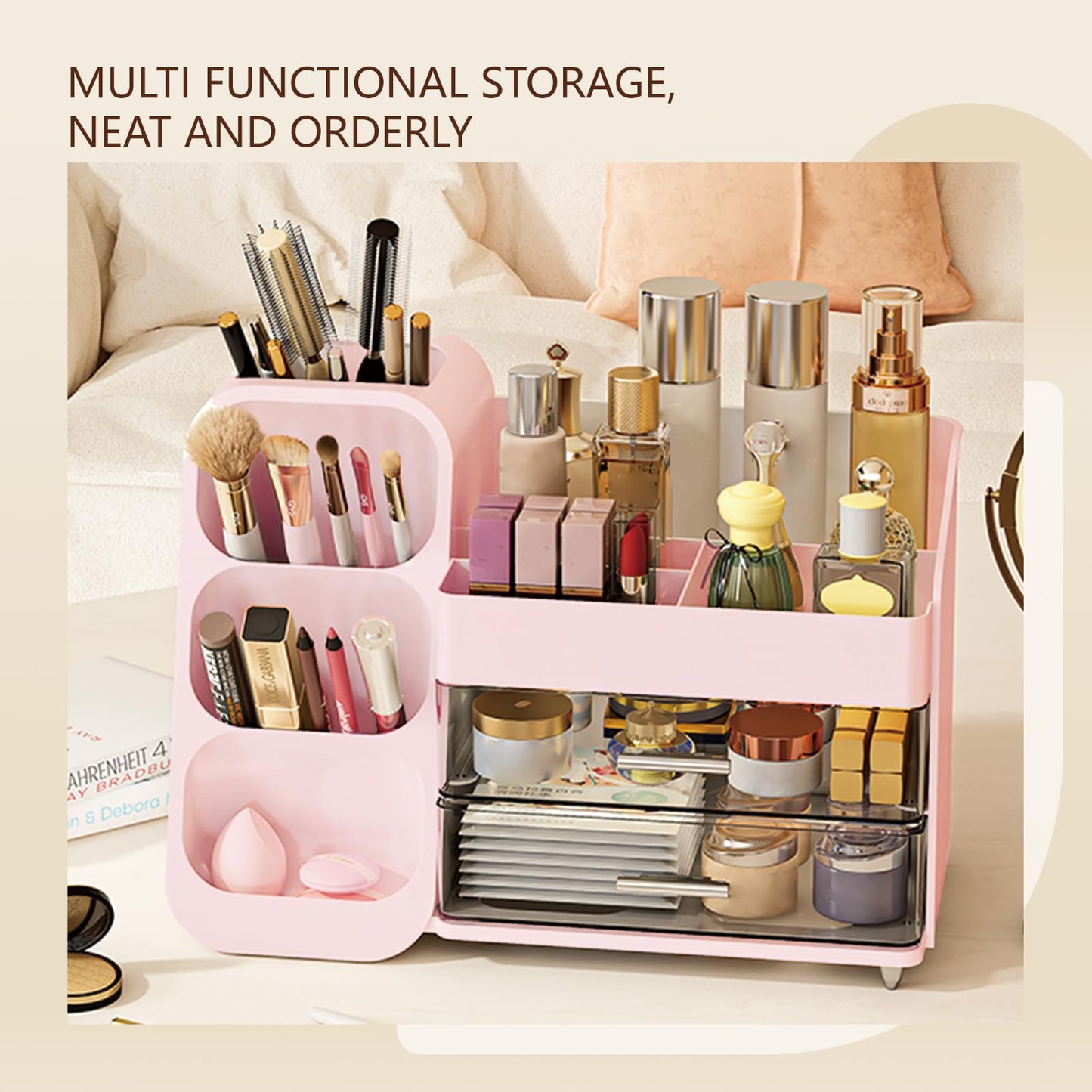 RLETOUNN Makeup storage box with vanity drawer, spacious cosmetics display box, stationery storage box, bathroom beauty storage suitable for your beauty essentials (pink)