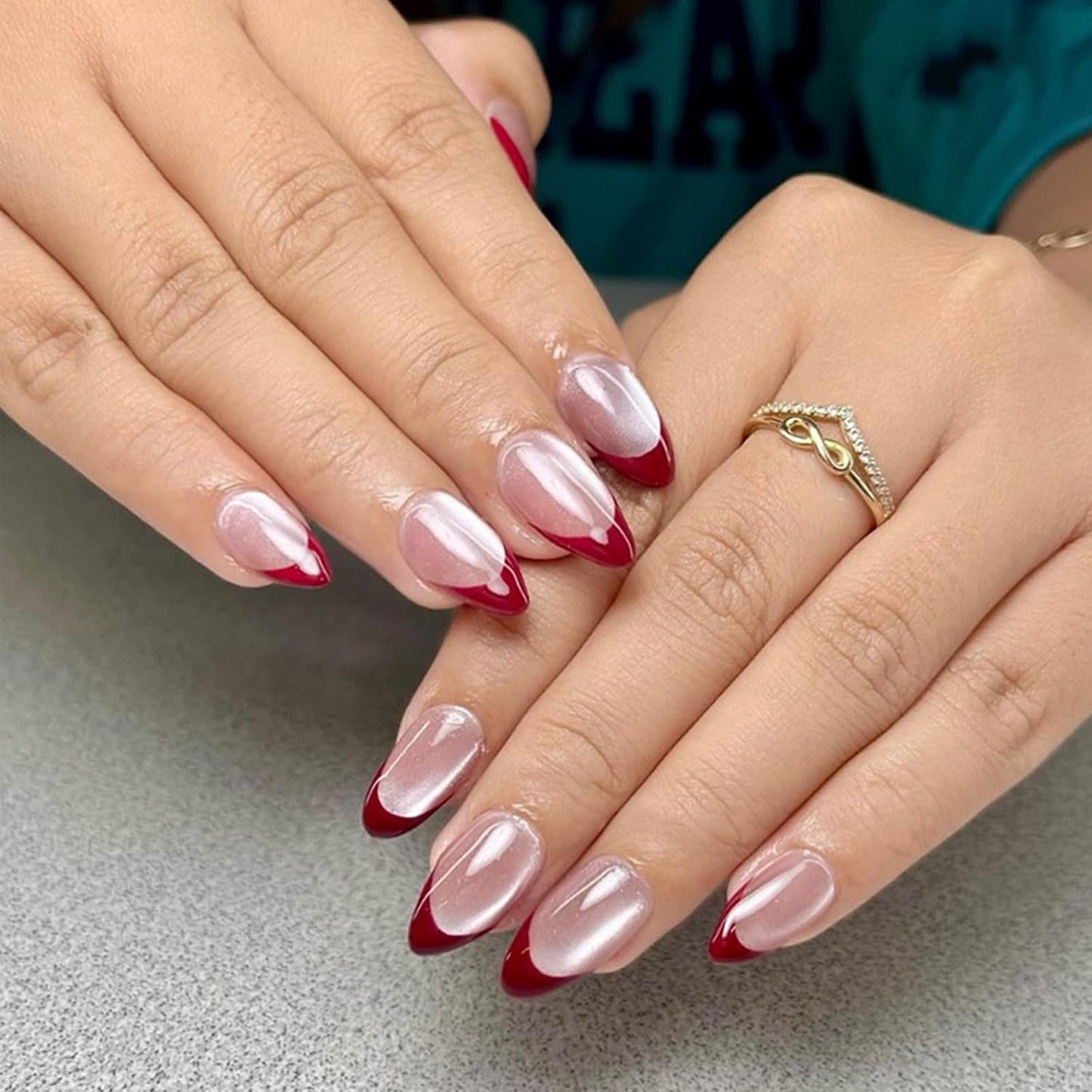 French Tip Almond Press-On Nails with Gold Bow | Reusable Glossy Acrylic False Nails for Women