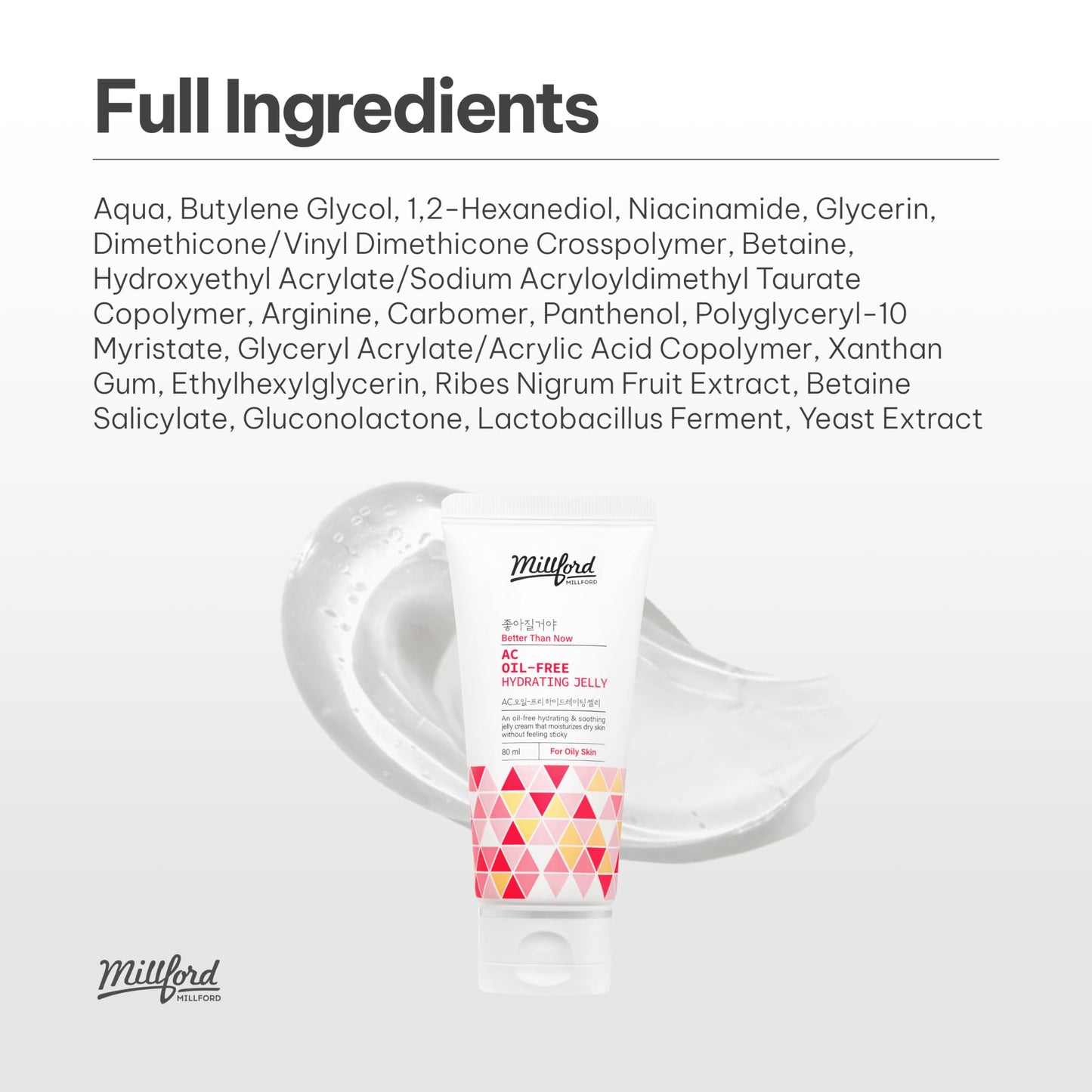Millford AC Oil-Free Hydrating Jelly 2.7Oz, 80ml, Oil Free Facial Moisturizer for Acne-Prone Skin, Niacinamide 2%, Unscented, Mild, Soothing Cream, Non Greasy Moisturizer, Korean Skincare
