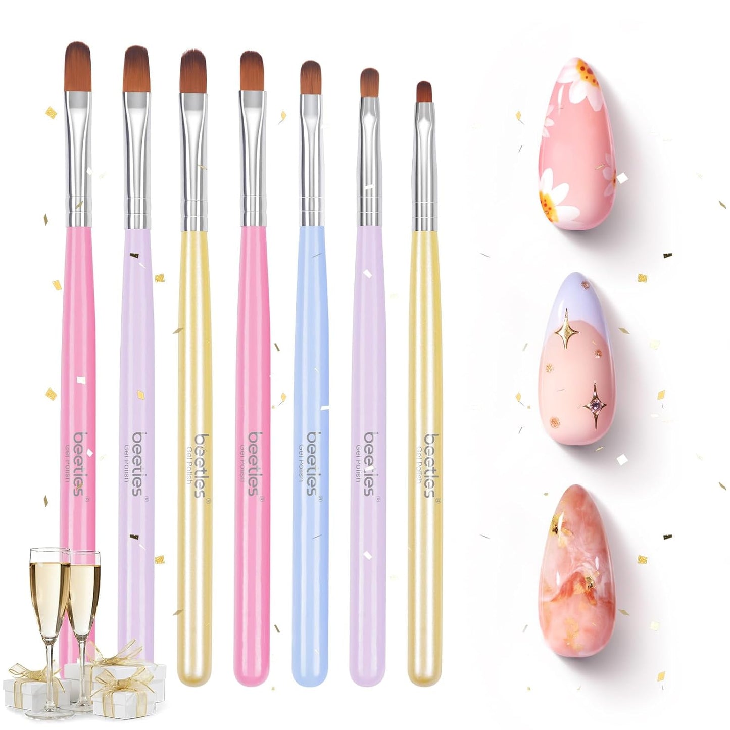 Beetles Nail Art Brushes, 8pcs Double-headed Nail Art Tool Set, Nail Dotting Tools, Striping Nail Art Brushes for Lines, Nail Drawing Pen with Bow knot Stickers Gift for Women