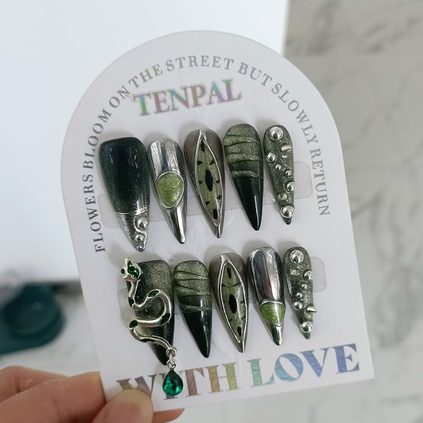 TENPAL Long Stiletto Press on Nails,Gothic Punk Green Cat Eye Nails Glow & 3D Snake with Gem,Black Silver Metallic Fake Nails Kits,10pcs Soft Gel False Nails with Steel Bead for Party Gifts(S)