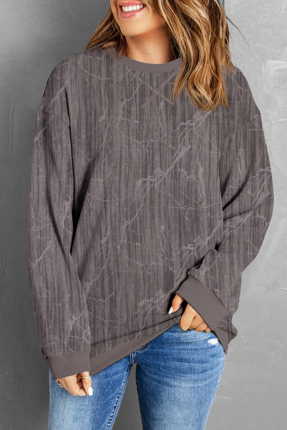 ONLYSTORY Womens Camo Tree Sweatshirts Casual Cored Corduroy Pullover Tops Oversized Long Sleeve Crewneck Shirts,CH Dark Gray,L