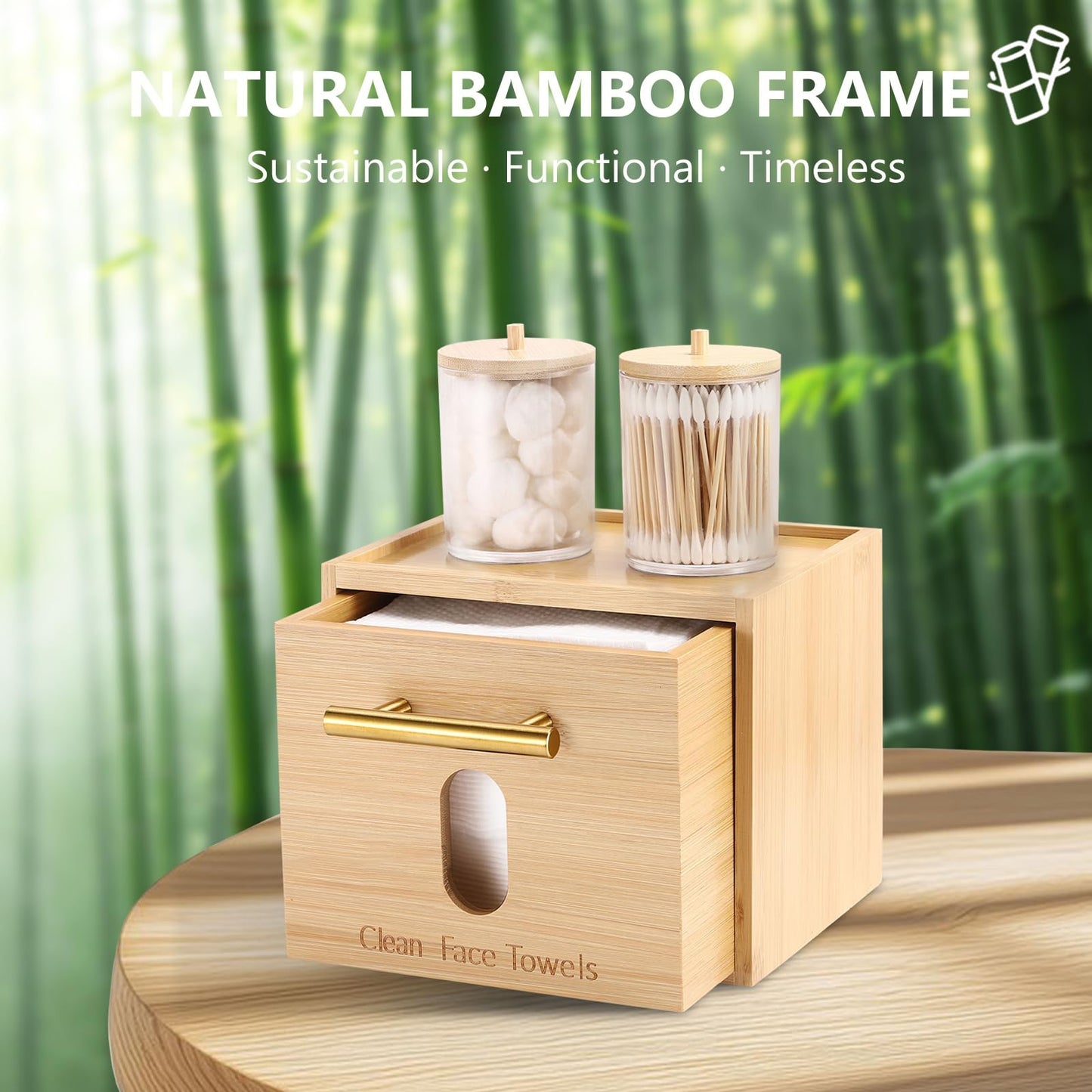 BSSN Disposable Face Towel Holder, Bamboo Clean Towels Xl Holder with Cotton Swab Container and 60ct Towels, Countertop Skincare Organizer, Bathroom Vanity Storage Box for Face Tissues, Makeup Pads
