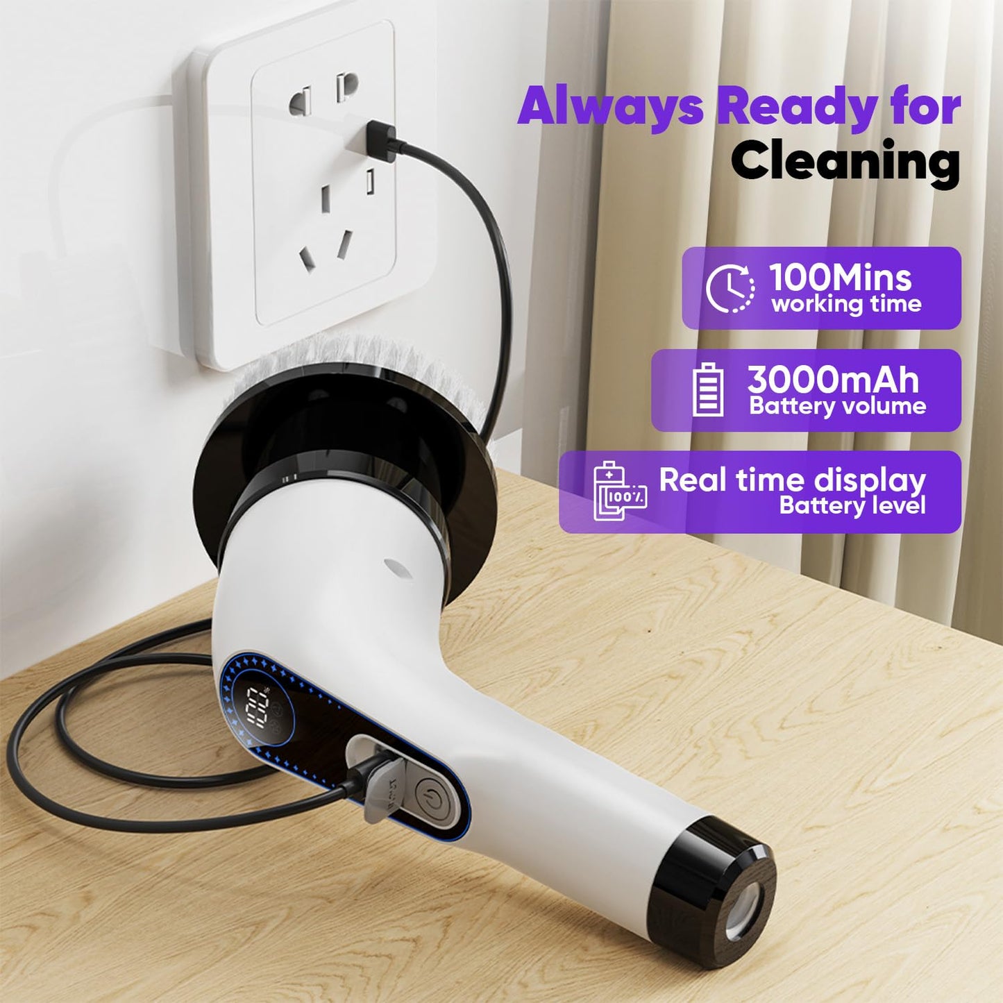 848 Store Electric Spin Scrubber Cordless – Powerful Bathroom Cleaning Brush with Long Handle, 2 Speeds, 3000mAh Rechargeable, 7 Brush Heads, Wall Hanger & Crevice Tools – Shower, Tub & Tile Cleaner