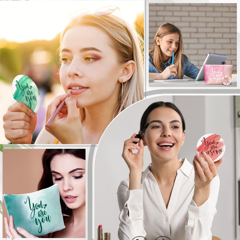 Vercraft Employee Appreciation Gift for Women Teacher Inspirational Canvas Makeup Bag Portable Compact Mirror Bulk Cosmetic Bag Thank You Volunteer CNA Nurse Coworker(Inspiration,Pastel,60 Pcs)