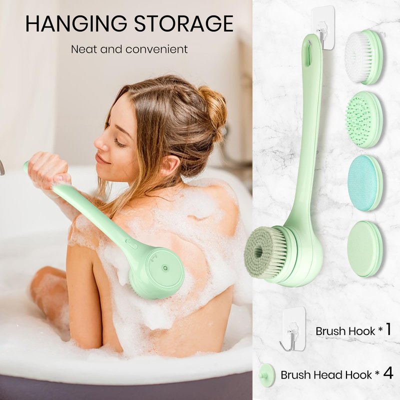 Electric Body Brush, Auto Spinning Back Scrubber for Shower, USB Rechargeable Bath Brush with Dual Long Handle, 5 Replaceable Heads, Waterproof Exfoliating Massage Brush for Skincare, Spa and Bath