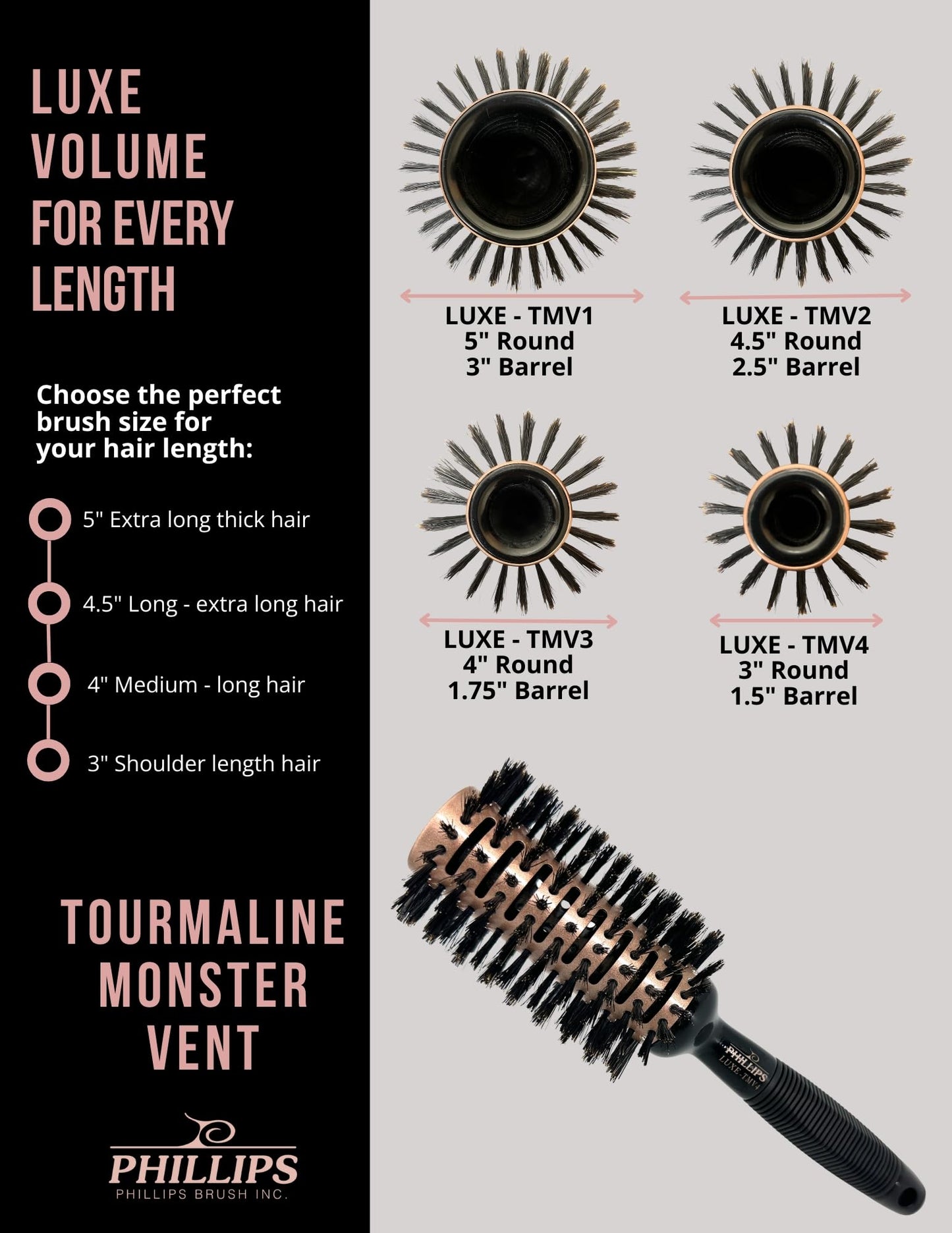 Phillips Brush Luxe Tourmaline Monster Vent 1 Professional Hair Brush (5” Diameter Barrel) - Vented Hairbrush Nylon Reinforced Boar Hair Bristles, Sleek Rose Gold & Black Color